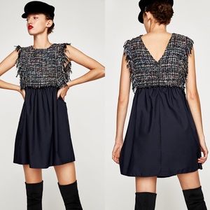 Zara Navy and Multicolor Tweed Mini Dress
